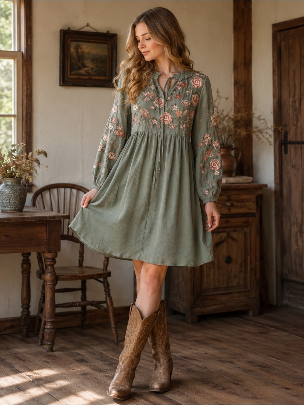 Savanna Jane Olive Green Floral Embroidered Long-Sleeve Tunic Dress - Picture 7 of 7